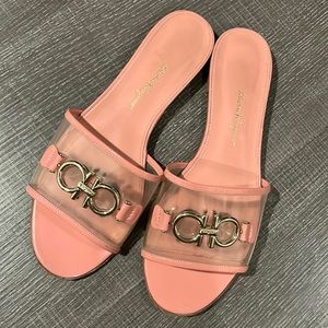 Salvatore Ferragamo pink patent leather and clear slide sandal